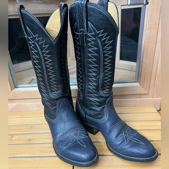 Bona Allen dark blue black Leather Cowboy Boots men’s 8 D - Picture 1 of 8